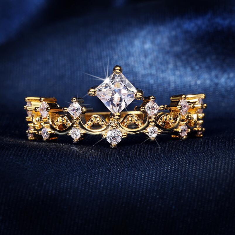Ins Top Selling Popular Fine Jewelry 925 Sterling Silver&Gold Fill Princess Cut White Topaz CZ Diamond Gemstones Women Wedding Crown Ring