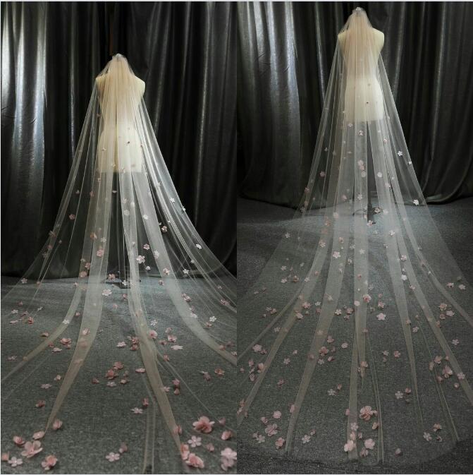 Pink Floral Wedding Veils Custom Made One Layer Appliqued Bridal Veil Veu De Noiva Wedding Veil