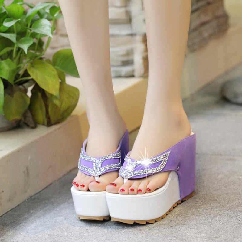 New Women Summer Platform Wedges Shoes Black Purple Sandals For Ladies Women Bling Slides Flip Flop Shoes r0nG#
