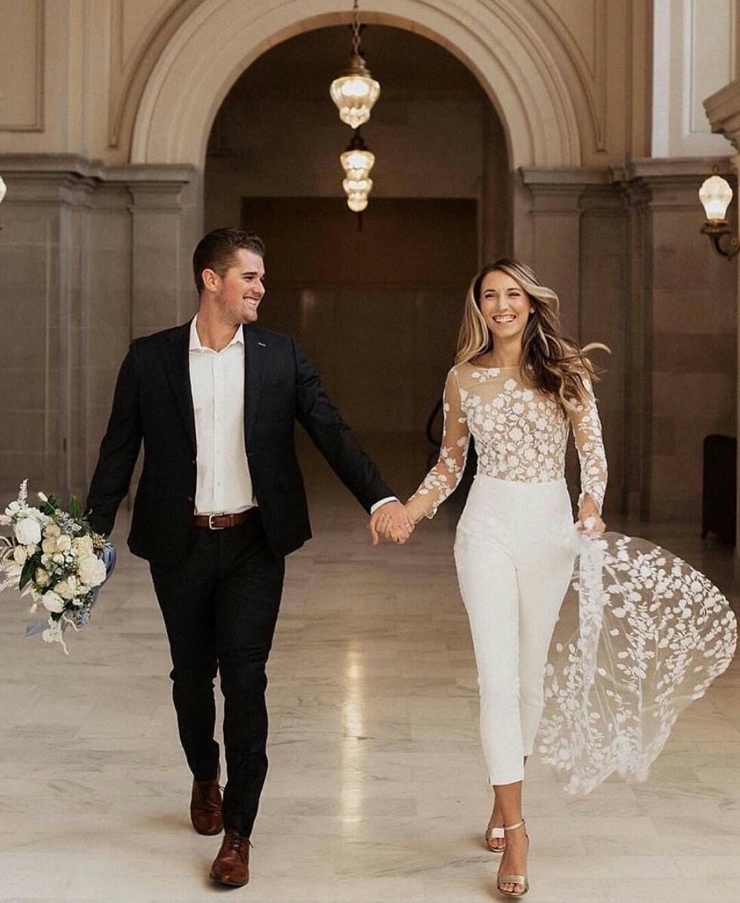 jumpsuit beach boho wedding dresses jewel neck long sleeve backless ankle length bridal outfit lace summer wedding gowns