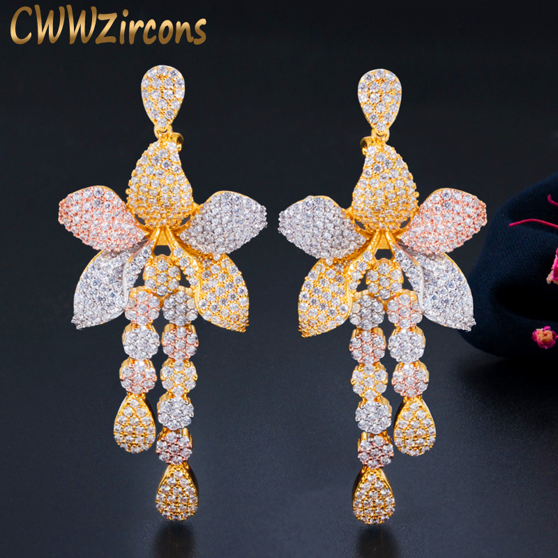 CWWZircons Geometric 3 Tone Gold Cubic Zircon Long Fringed Flower Dangling Tassel Drop Earrings for Women Dress Jewelry CZ679
CWWZircons Geometric 3 Tone Gold Cubic Zircon Long Fringed Flower Dangling Tassel Drop Earrings for Women Dress Jewelry CZ679