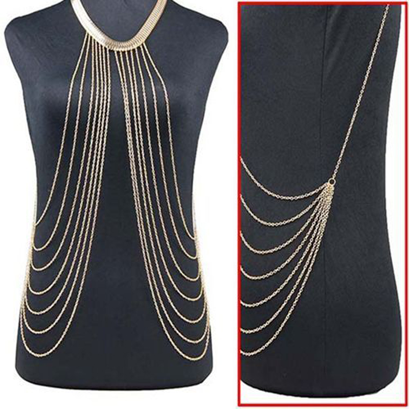 Women Body Chain Jewelry Charm Punk Gold Cold Chain Tassel Belly Waist Sexy Bikini Harness Necklace Pendant