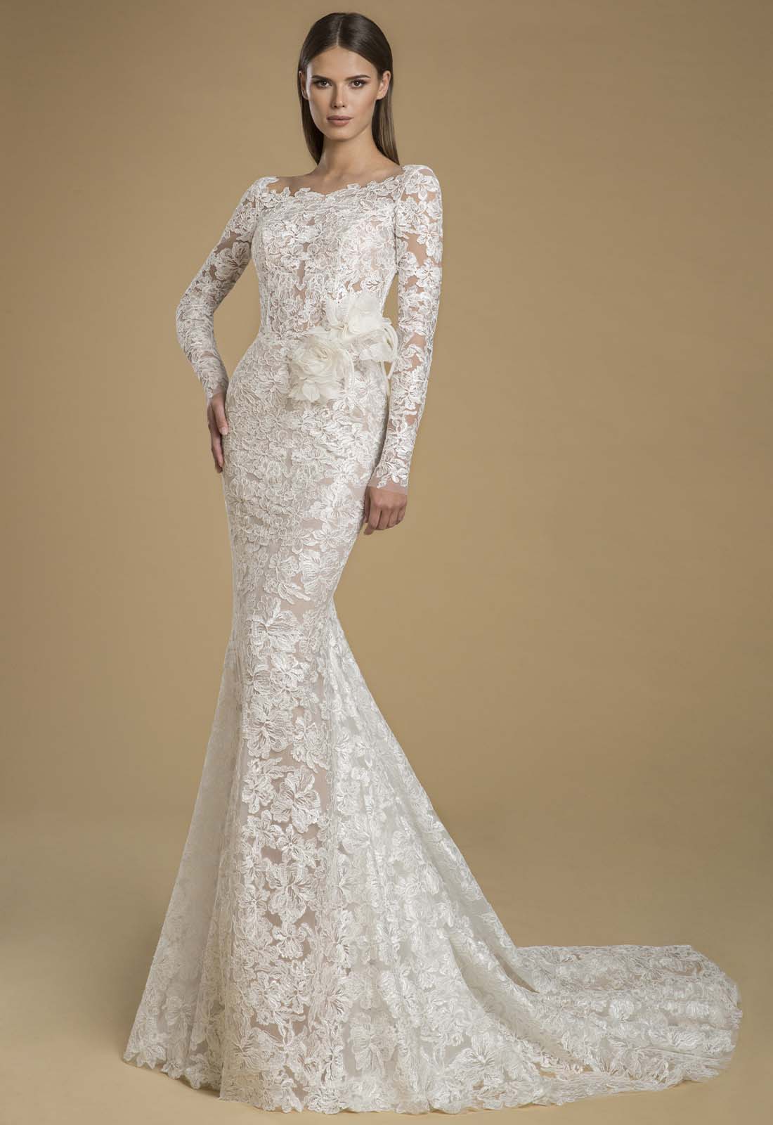 Lace Mermaid Wedding Dresses Long Sleeves Sweep Train Custom Made Wedding Dress with 3D Flower Vestidos De Novia