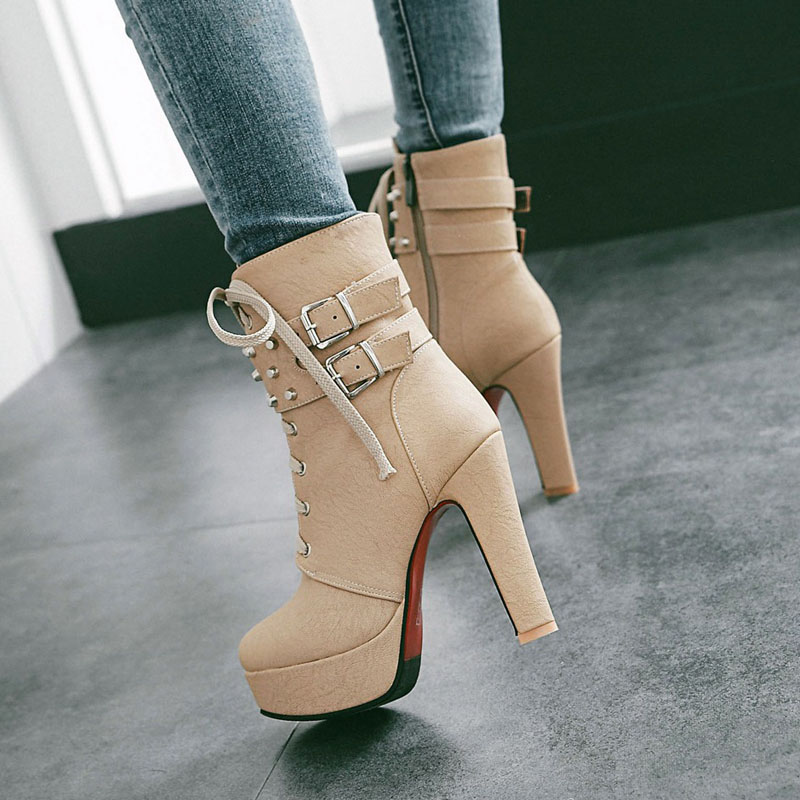 Super High Heel 12cm Waterproof Platform Women's Boots Belt Buckle Lace Ladies Shoes 10.5 Retro Style Non-slip Soles With Thick, Beige
Super High Heel 12cm Waterproof Platform Women's Boots Belt Buckle Lace Ladies Shoes 10.5 Retro Style Non-slip Soles With Thick, Beige