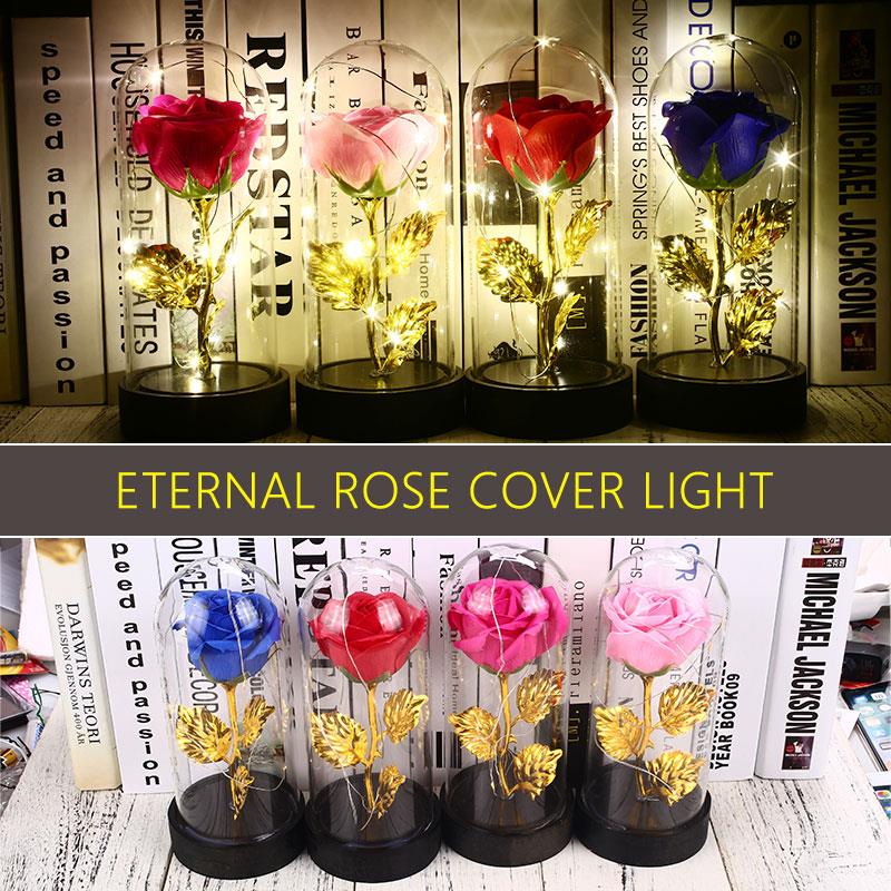 Soap Rose Flower Glass Cover LED Light Valentine'S Day Celebration Anniversary Eternal Rose Flower Imitation Gold Foil