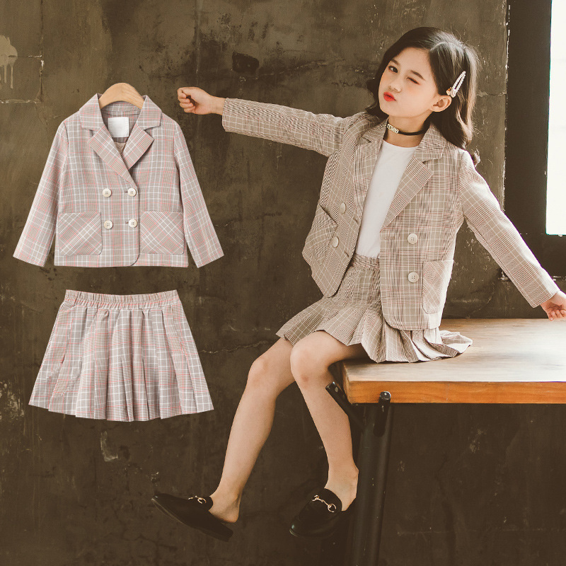 Fashion Girls Clothing Sets Spring Autumn Kids Plaid Suit Long-Sleeved Girls Outfits Children School Clothes 4 6 8 10 12 YearsX1019