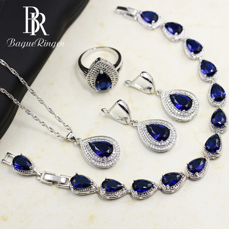 Bague Ringen Water Drop Shaped Sapphire Silver 925 Jewelry Sets for Women Blue Gemstones Ring Earrings Necklace Bracelet Wedding M