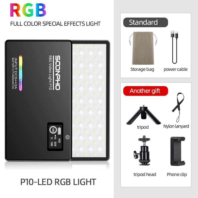 soonpho P10 8W 2500K-8500K CRI 95+ RGB LED Video Light 4000mAh Built-in battery Full Color Photoraphy Video Light Kit Dimmable
soonpho P10 8W 2500K-8500K CRI 95+ RGB LED Video Light 4000mAh Built-in battery Full Color Photoraphy Video Light Kit Dimmable