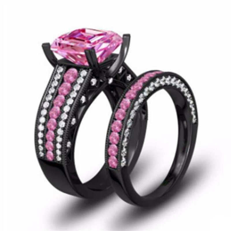 Black Gold Princess Cut Pink Topaz CZ Eternity Couple Rings Set