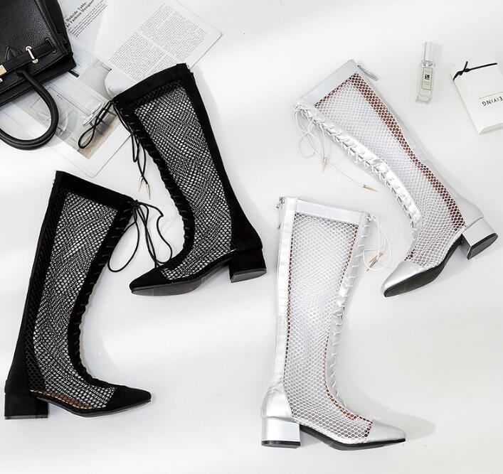 Boots Carpaton 2021 Summer Women's Suede Square Toe Mesh Breathable Hollow Long Real Leather Wild Booties