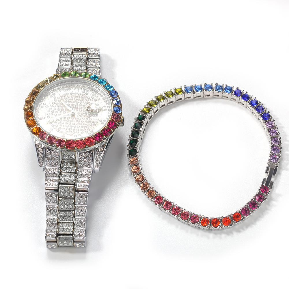 New Hip Hop Fashion 18K Gold Bling Colorful Diamond Tennis Chain Necklace Choker Bracelet Watch Mens and Womens Bracelets Jewelry Sets Gifts