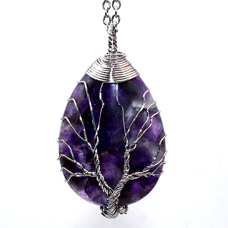 Necklace Jewelry Healing Chakra Wicca Witch Amulet Pendants Necklace Women Natural Gemstone Amethyst Opal Tree of Life Charms Necklace