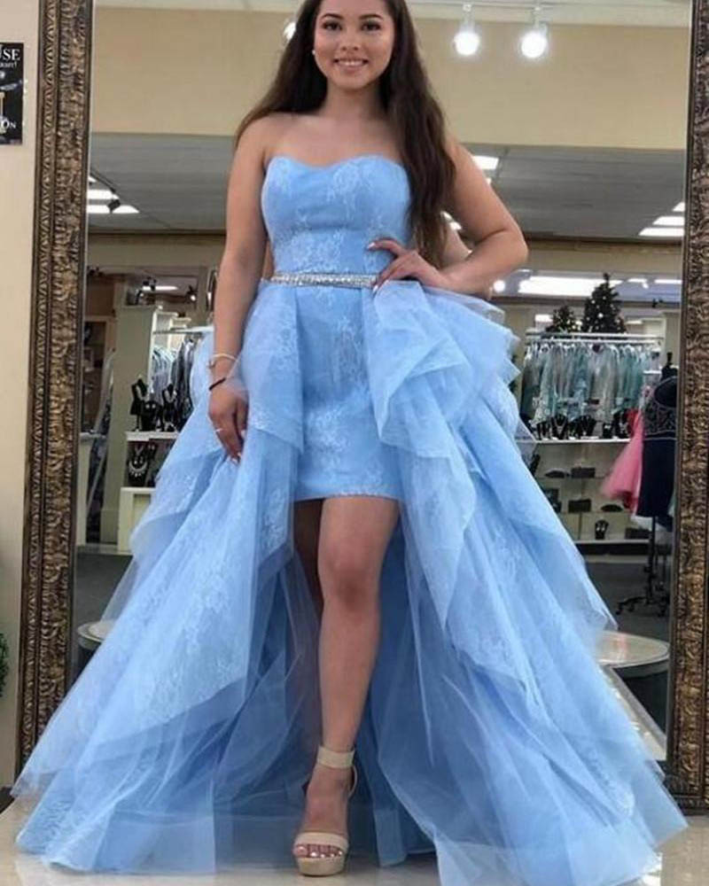 2020Sexy Sweetheart Lace Short Prom Dresses with Beaded Detachable Train Robes De Soirée Cheap Special Occasion Party Formal Gowns