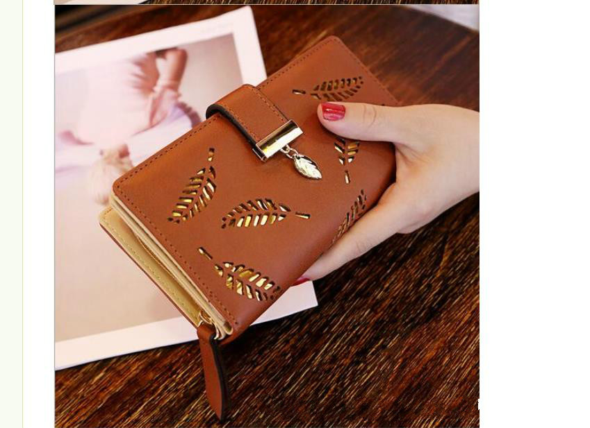 Korean Styles Long Leather Wallets Leaves Hollow Out Handbags Zipper Buckle Ladies Purse Wallet Wholesale and Retail