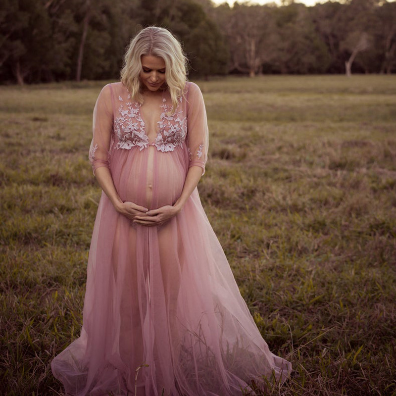 Pink Illusion Tiereds Ruffles Tulle Long Sleeve Plus Size Appliques Kimono Pregnant Party Sleepwear Women Bathrobe Sheer Nightgown Robe