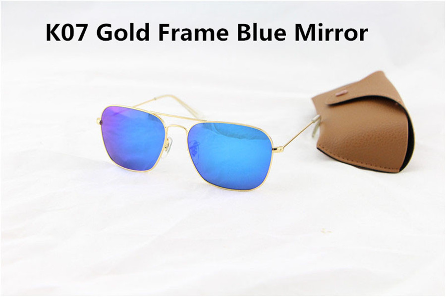

1 pcs Fashion Rectangle Sunglasses For Mens Womens UV400 Sun Glasses Mirror Flash Gold Blue Metal 58mm Glass Lenses With Brown Cases Box