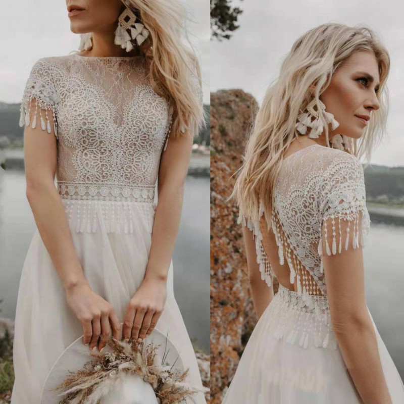UMK Vestido De Noiva 2020 Bohemia Tassel Boho Wedding Dress Lace Backless Short Sleeve Tulle Beach Wedding Gowns, Champagne
UMK Vestido De Noiva 2020 Bohemia Tassel Boho Wedding Dress Lace Backless Short Sleeve Tulle Beach Wedding Gowns, Champagne