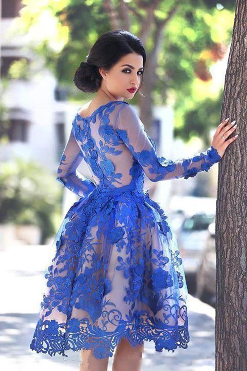 Royal Blue Evening Dresses Long Sleeves Knee-length 3D Floral Appliques 2021 jewel neck prom homecoming dress Vestido De Festa