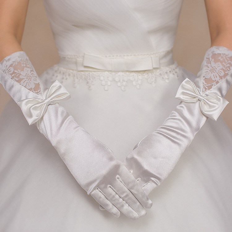 Studio evening bride long satin bow lace gloves