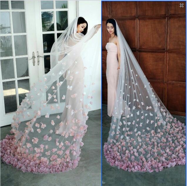 Bridal Veils Pink Floral Wedding Veils 2M 3M Custom Made One Layer Appliqued Bridal Veil Veu De Noiva Wedding Veil