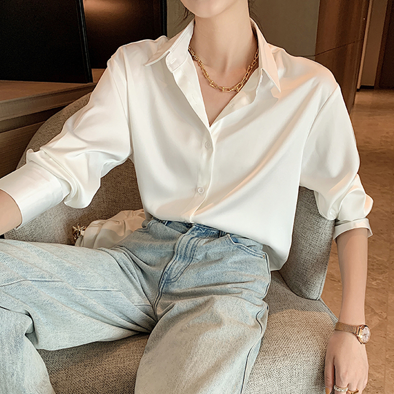 2020 Fashion Button Up Satin Silk Shirt Blouse Women Vintage White Long Sleeve Shirts Tops Ladies Elegant Korean Office Shirt LJ200923