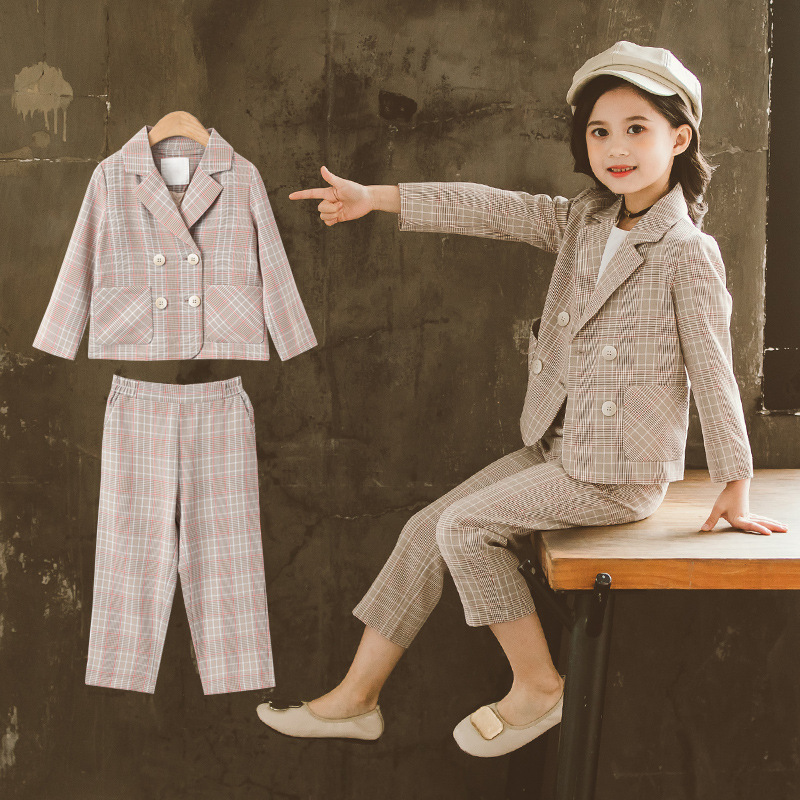 Fashion Girls Clothing Sets Spring Autumn Kids Plaid Suit Long-Sleeved Girls Outfits Children School Clothes 4 6 8 10 12 YearsX1019