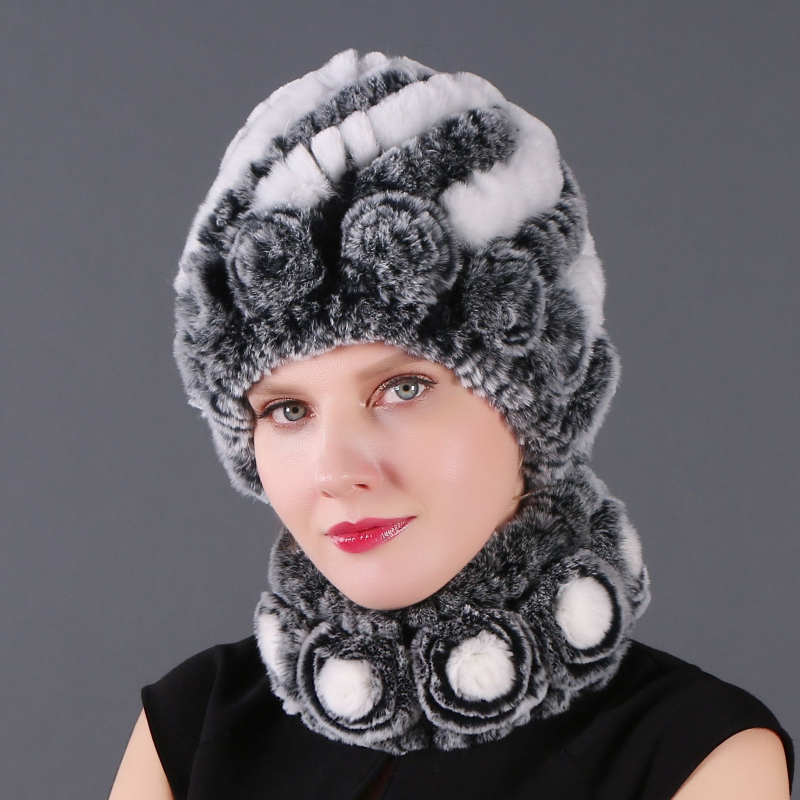 HT3269 High Quality Women Winter Hat Scarf Set Lady Thick Warm Real Fur Hat and Scarf Female Knitted Beanie Winter Accessory