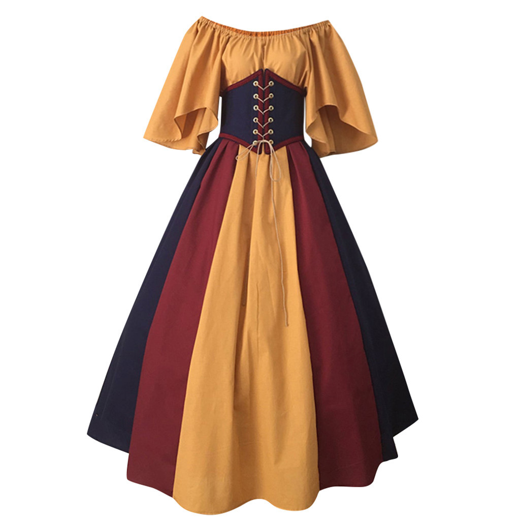 Women Dresses European Medieval Vintage Gothic Patchwork Slash Neck Tunic Corset Long Dress For Cosplay Stage T200911