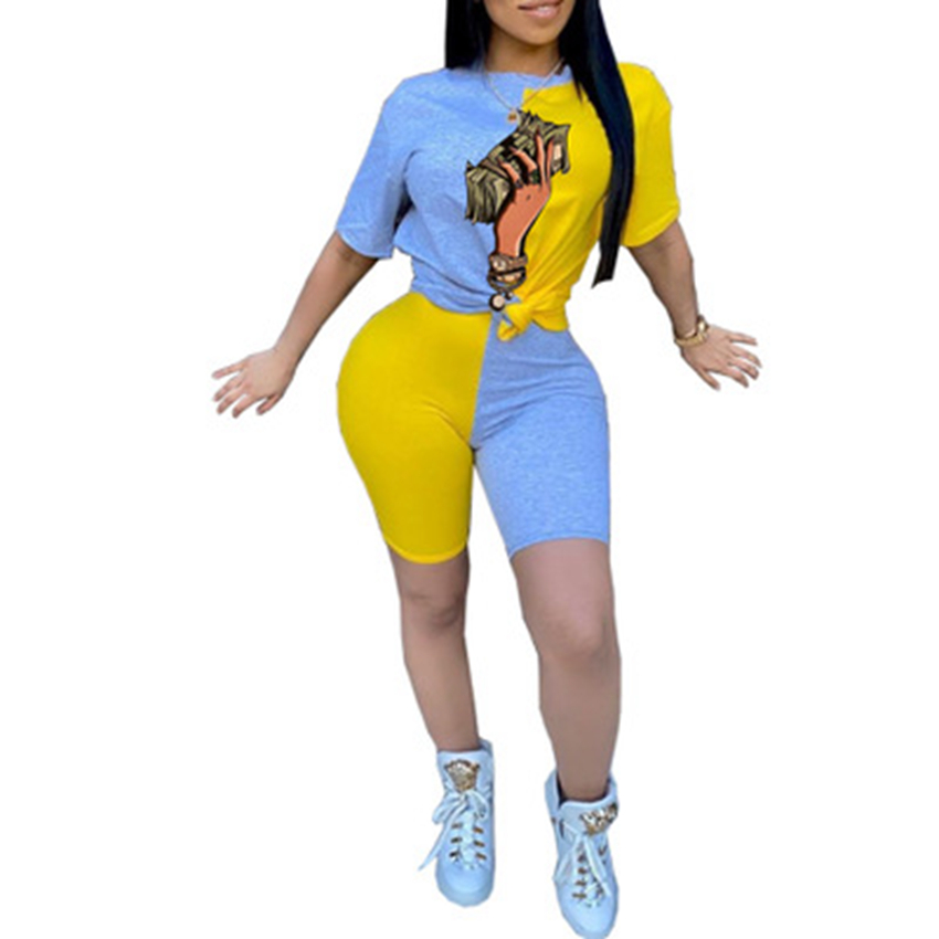 Spot Tracksuits European and American fashion women's clothing color matching dollar print round neck sexy two-piece suit