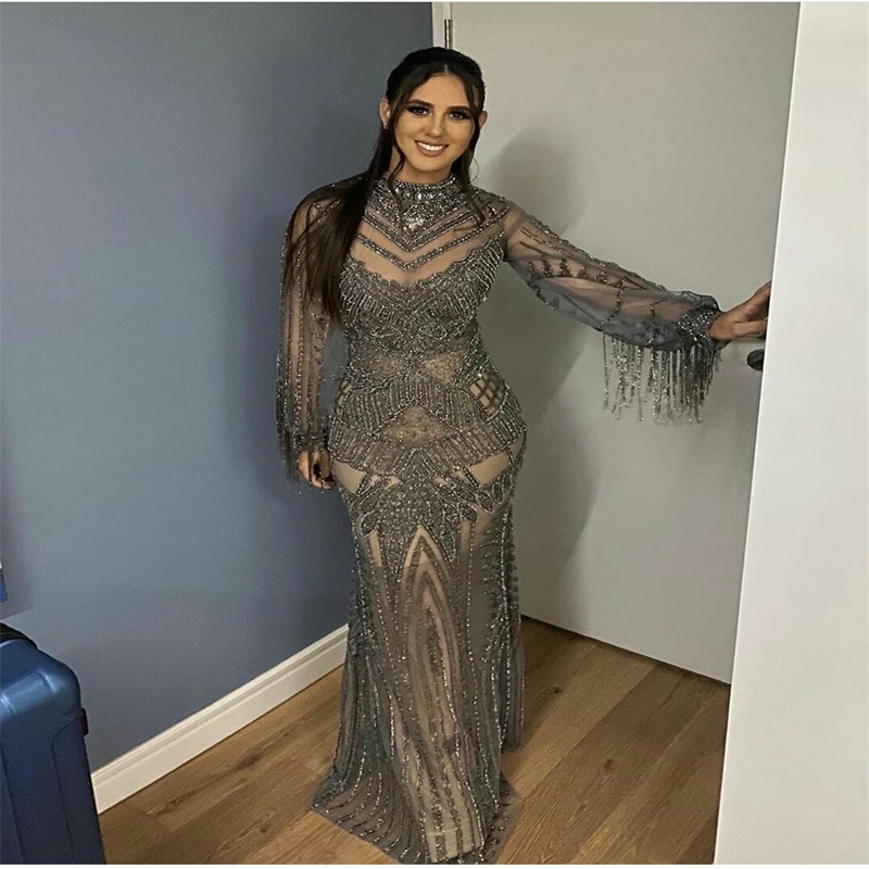 Real Image Luxury Shesth Prom Dresses Sexy Sheer Appliqued Lace Bling Beading Sequins Crystals Evening Dress Sweep Train Party Dresses