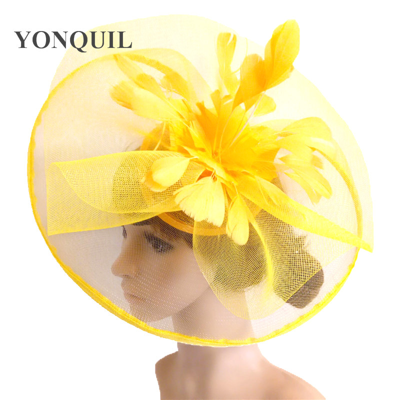 

yellow Feather Flower Fascinator Wedding hair clip and Headbands Winter Party royal ascot Bridal Church show Hat Great quality