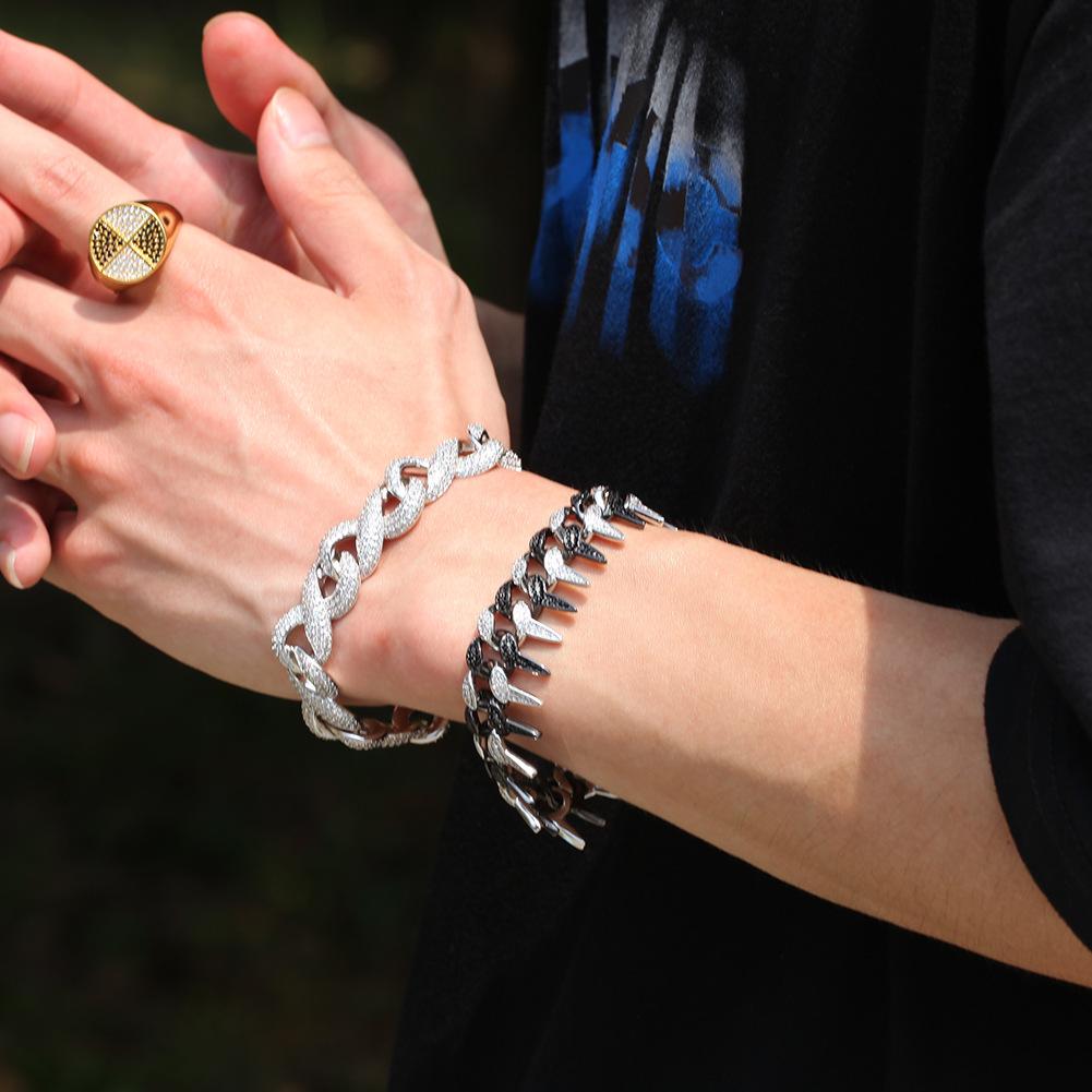 19mm Rapper Wristband Chains Bracelets for Men Women Hop Hop Punk White Gold Black Iced Out Cubic Zirconia Spike Cuban Link Chain Bracelet