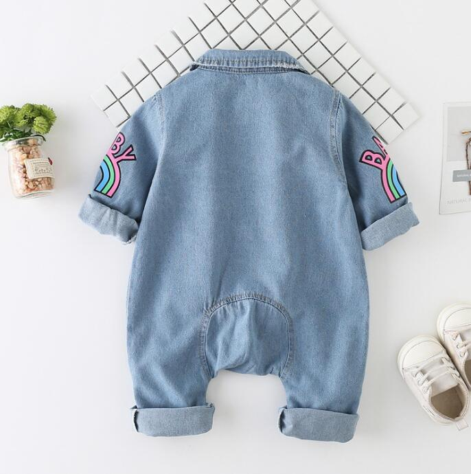 Spring Baby Toddler Long Sleeve Lapel Collar Denim Jeans Giraffe Rainbow Pattern Rompers Kids Infant Jumpsuits roupas de bebe LY083