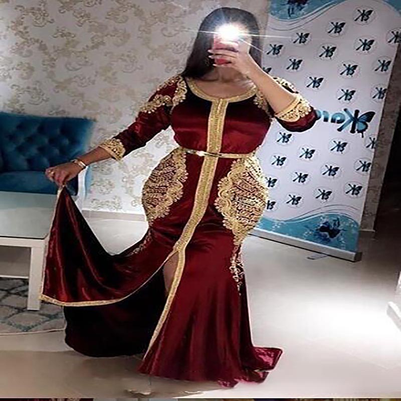 Elegant Burgundy Muslim Evening Dresses Plus Size Beaded Crystal Mermaid Prom Dress 2020 Arabic Formal Abaya Dubai Evening Gowns With Slit
