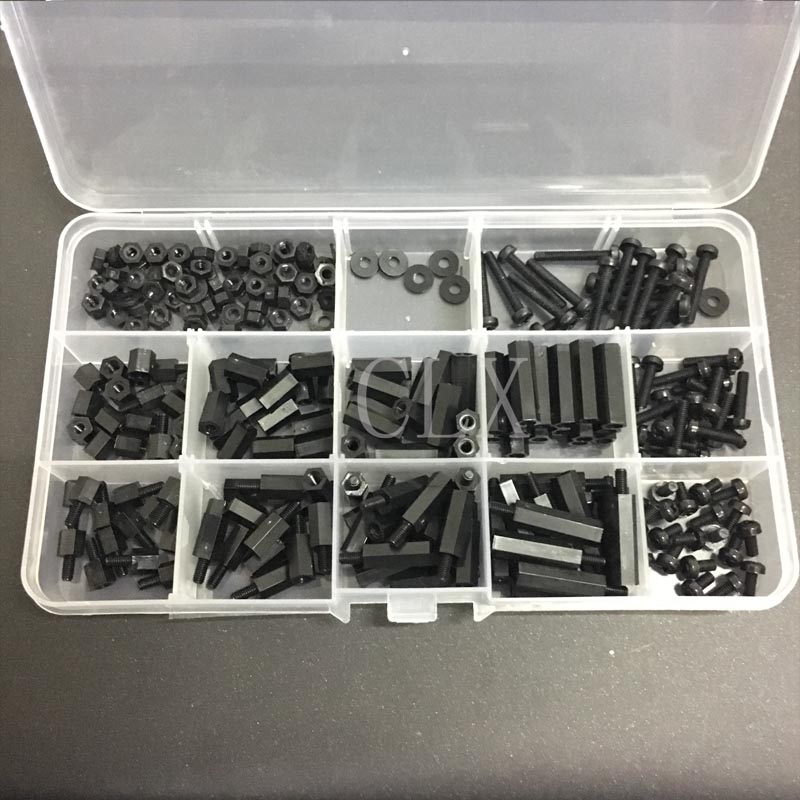 260Pcs/Set M3 Nylon Hex Spacers Screw Nut Stand-off Plastic Parts Plastic Standoff Set black Kit Sample Box for Raspberry pi
260Pcs/Set M3 Nylon Hex Spacers Screw Nut Stand-off Plastic Parts Plastic Standoff Set black Kit Sample Box for Raspberry pi