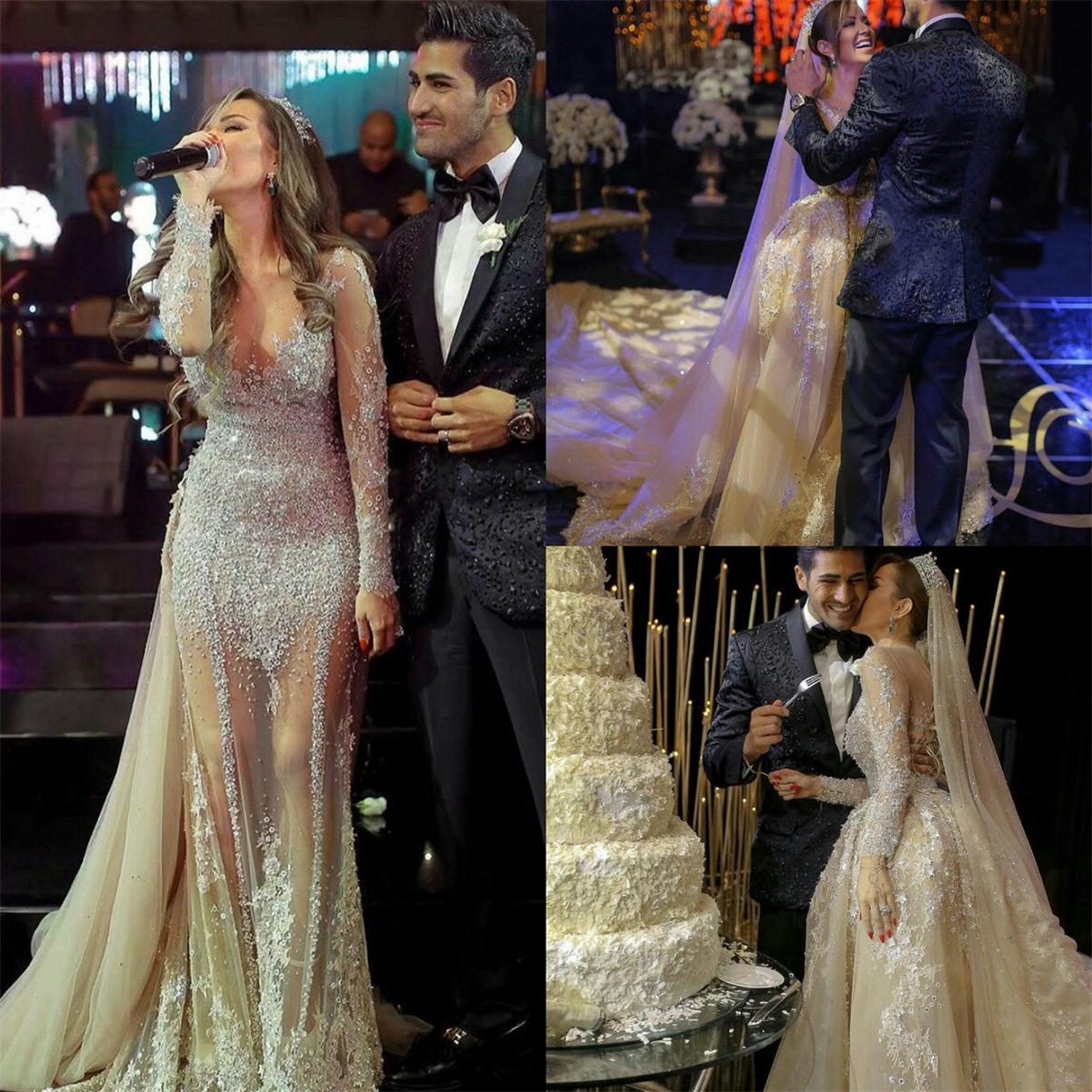 Sequined Wedding Dresses With Detachable Train Plus Size Bridal Gowns Sheer Long Sleeves Lace Beaded Vestido De Novia 0505 0505