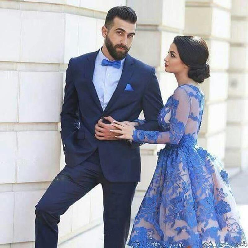 Royal Blue Evening Dresses Long Sleeves Knee-length 3D Floral Appliques 2021 jewel neck prom homecoming dress Vestido De Festa