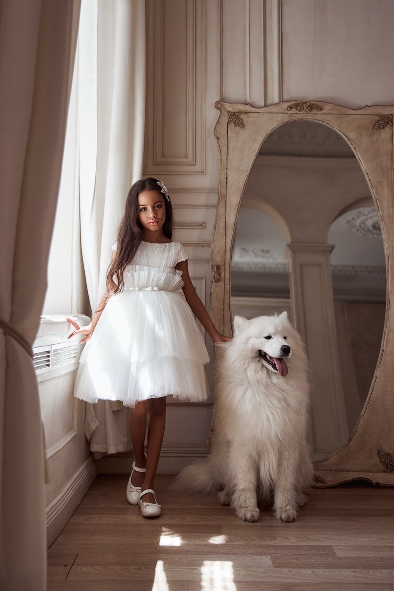white flower girl dresses tiered skirts tulle knee length short sleeve girls pageant gowns beading pleats kids formal party dress