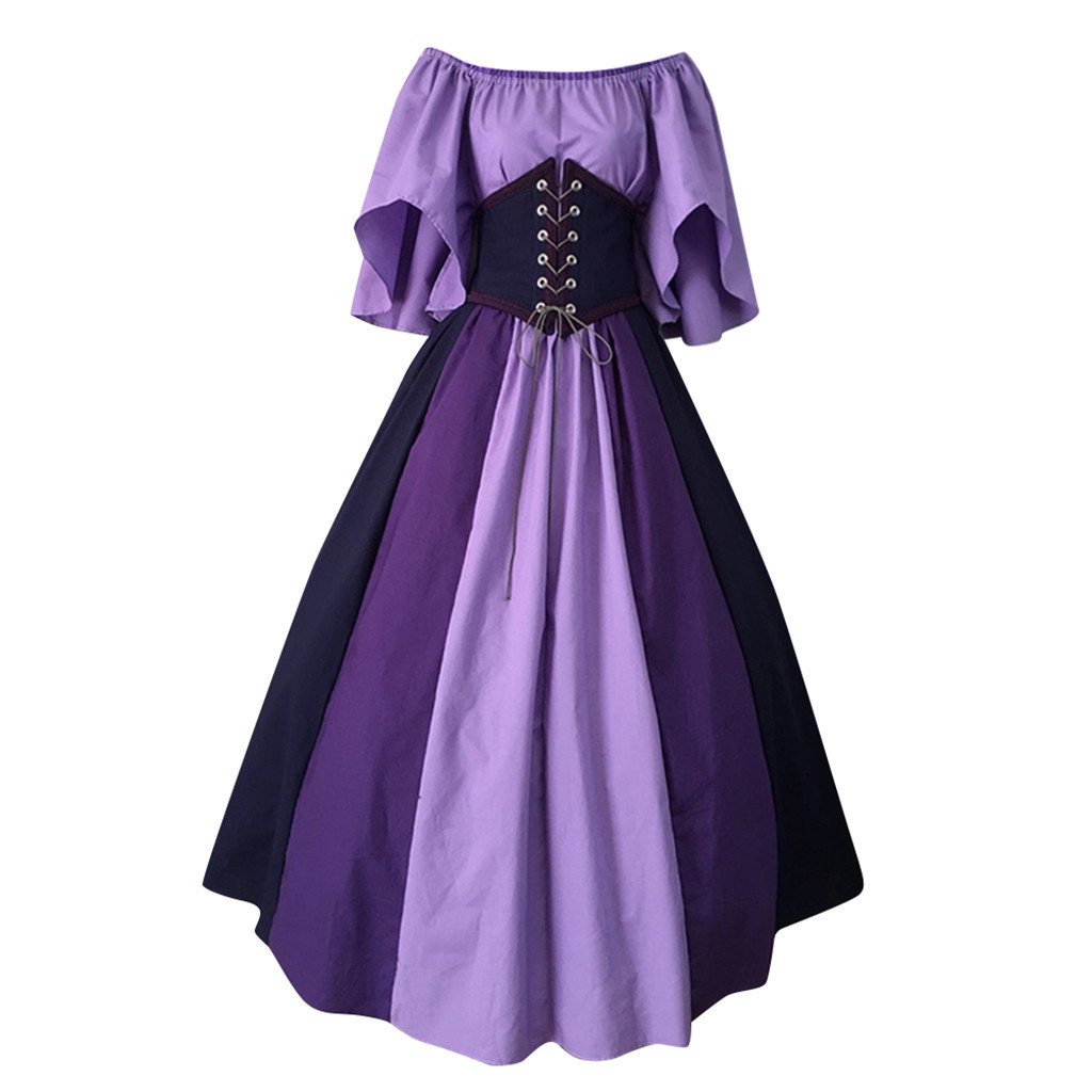 Women Dresses European Medieval Vintage Gothic Patchwork Slash Neck Tunic Corset Long Dress For Cosplay Stage T200911