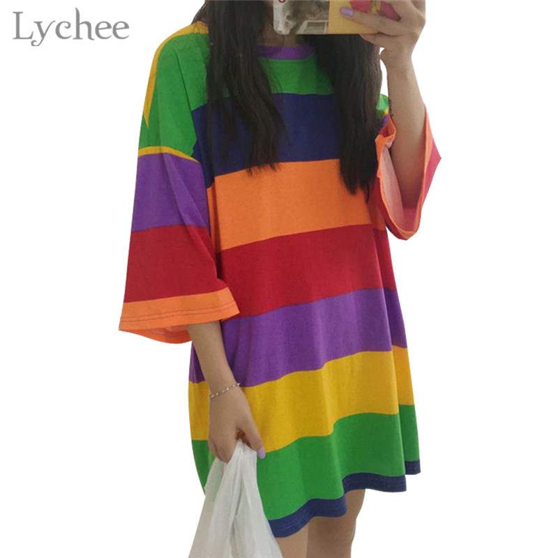 Lychee Trendy Color Stripes Women Long T-Shirt Rainbow Short Sleeve O-Neck Female T Shirt Casual Loose Tee Top, Dark
Lychee Trendy Color Stripes Women Long T-Shirt Rainbow Short Sleeve O-Neck Female T Shirt Casual Loose Tee Top, Dark