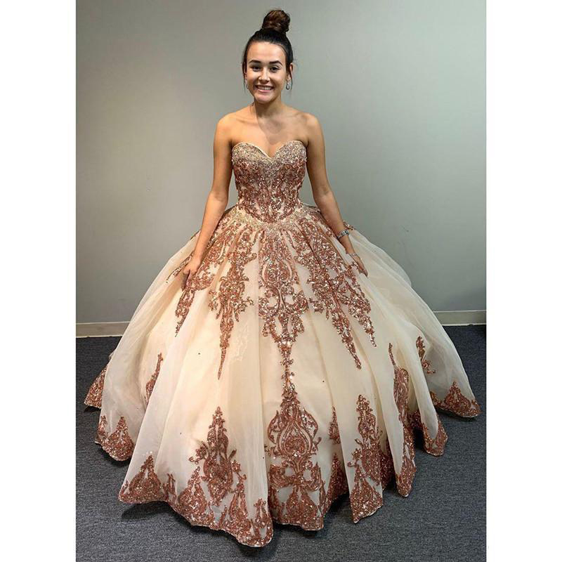 Luxurious Rose Gold Lace Beaded Quinceanera Prom Dresses Sparkly Sweetheart Evening Party Gown Sweet 16 Dress Vestido