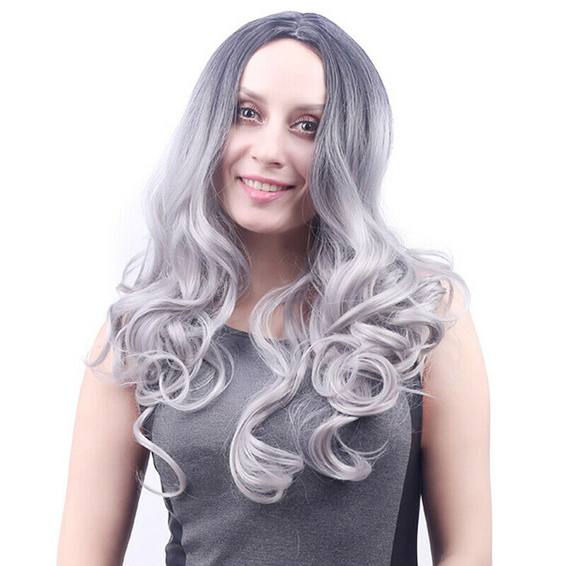 Ladies Wig Gradient Grey Long No Lace Front Wigs Synthetic Hair Daily Party Prop