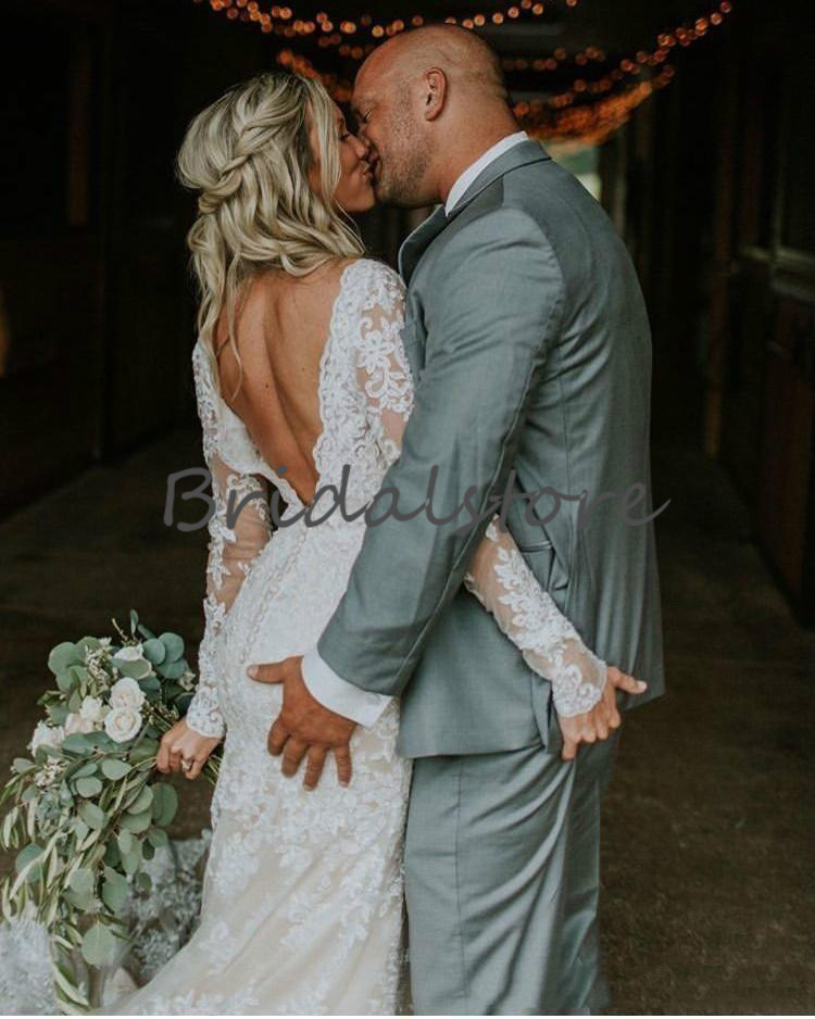 Sexy Backless Mermaid Wedding Dresses With Long Sleeve V Neck Lace Rustic Country Garden Wedding Gowns 2020 Elegant vestidos de novia Long