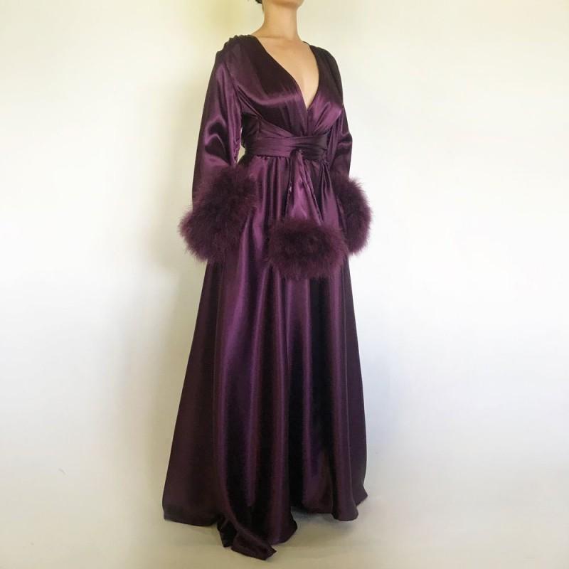 Purple Women Bathrobe Nightgown Silk Satin Sleepwear Bridal Robe Bridesmaid Bride Gowns Fur Winter Kimono Pregnant Dress