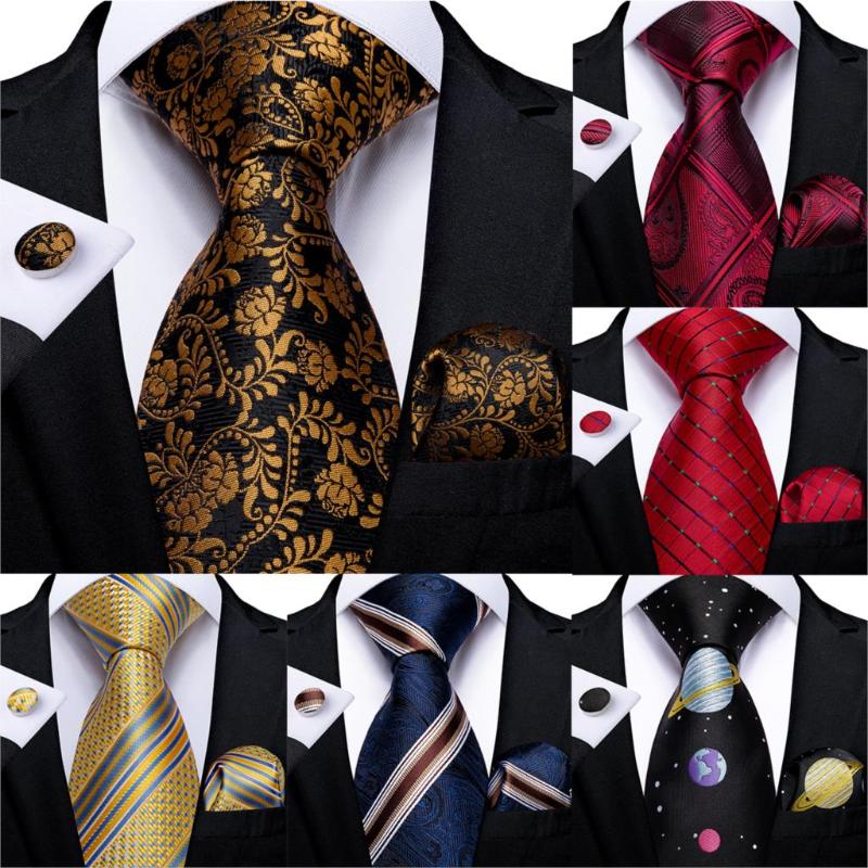 Fashion Men Tie Gold Black Floral Silk Wedding Tie For Men Hanky Cufflinks Gift Set DiBanGu Novelty Design Business Party
