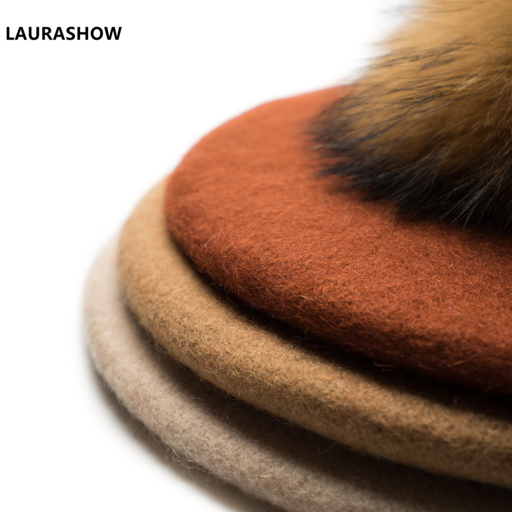 Laurashow Baby Beret Warm Wool Winter Beanie Hat With Real Fur Ball Pom Poms Girl Vintage Plain Kids Beret Hats Parent-child Cap LJ200917