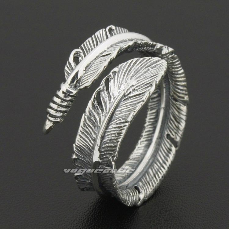 Size Adjustable 925 Sterling Silver Feather Mens Rocker Ring