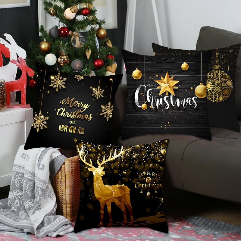 QIFU Peach Skin Black Gold Christmas Hug Pillowcase Cushion Cover Christmas Decorations For Home Sofa Pillow Case New Year 2021