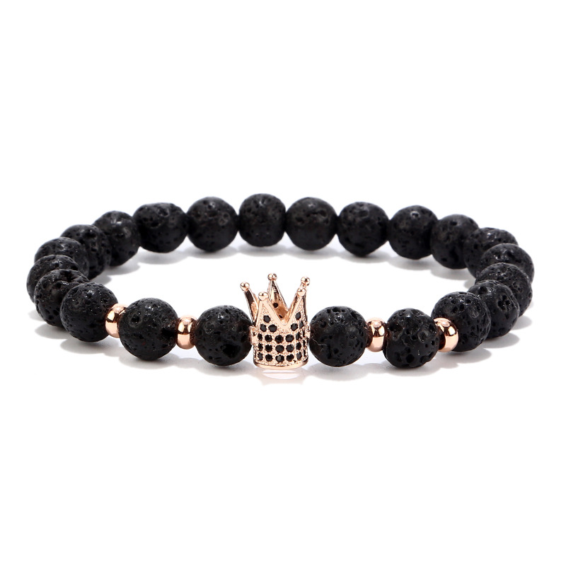 Fashion Gold Crown CZ Charm Men Volcanic rock Bracelets for Women Black lava Natural Stone Beads Strand Bracelet Dropshipping