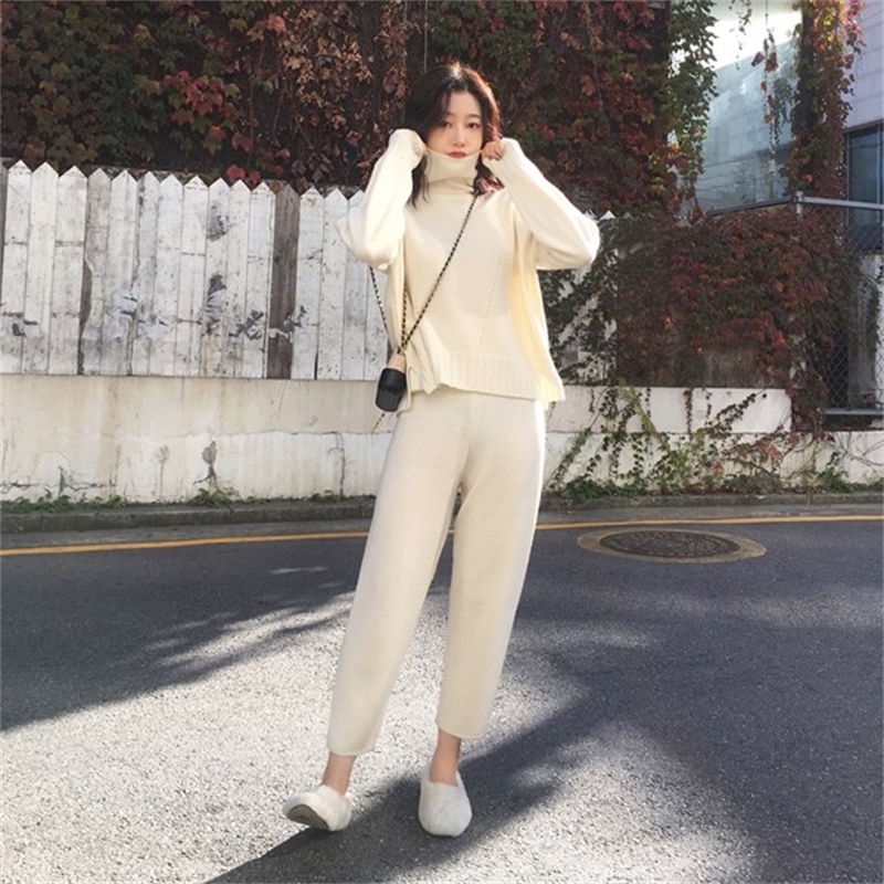 Women's Knitted Suits Autumn Winter Knitted Pants+Loose Thick Turtleneck Sweaters Wide Leg Pants Trousers Two-piece Set T200916